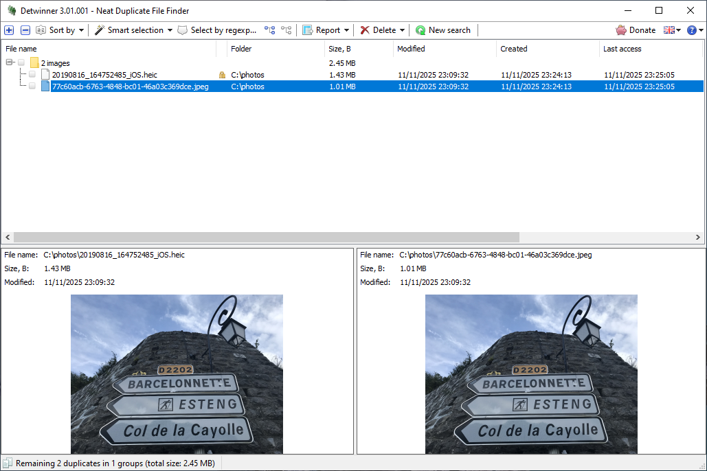 HEIC vs JPEG comparison in Detwinner